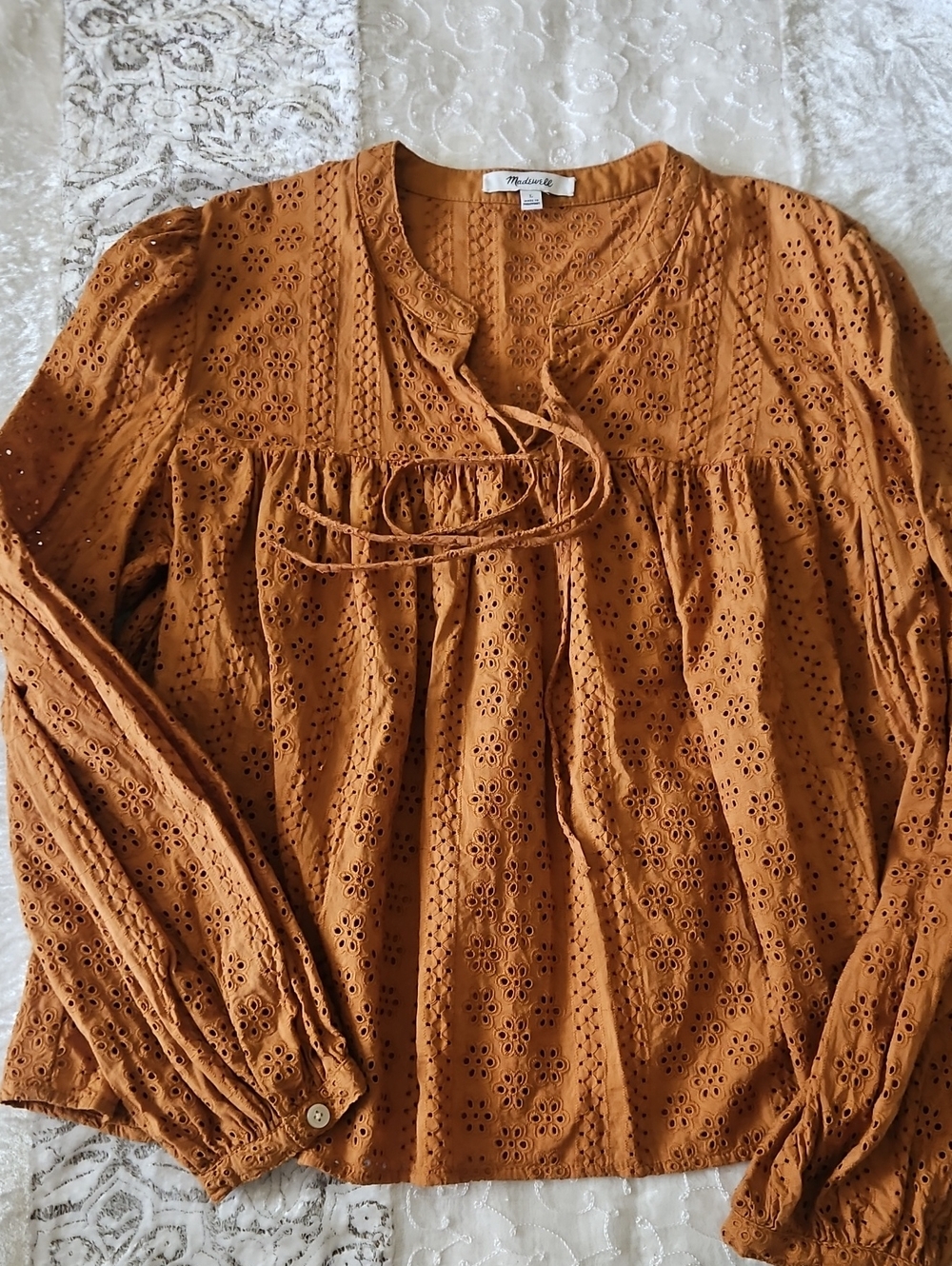 Madewell Women's Eyelet Tie-Front Blouse - Burnt Orange - LARGE